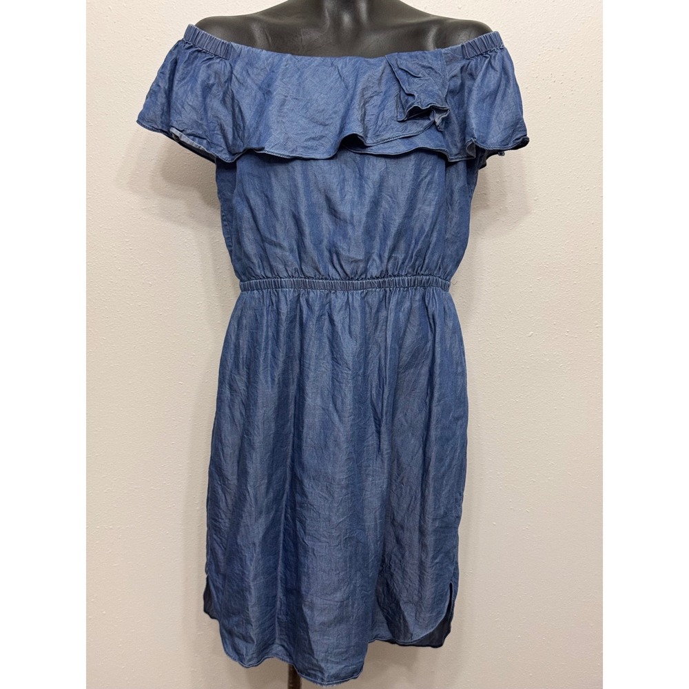 Halston Chambray Off Shoulder Dress Womens M Ruffle Blue Preppy Americana Summer